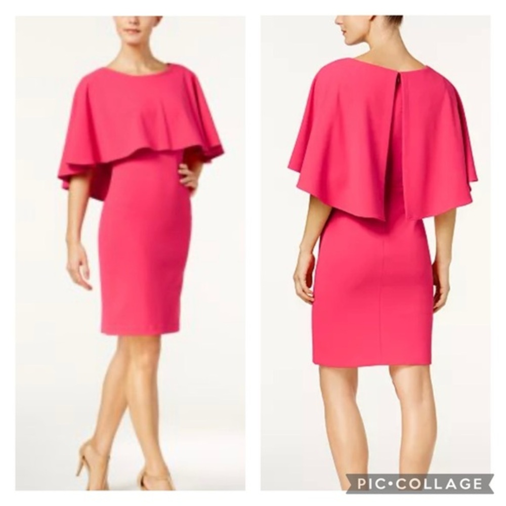 Calvin Klein  Hot Pink Crepe Sheath Cape Dress NWT 4 Elegant Chic